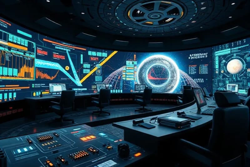 Sala de control futurista con pantallas mostrando algoritmos de IA y datos de astrodinámica