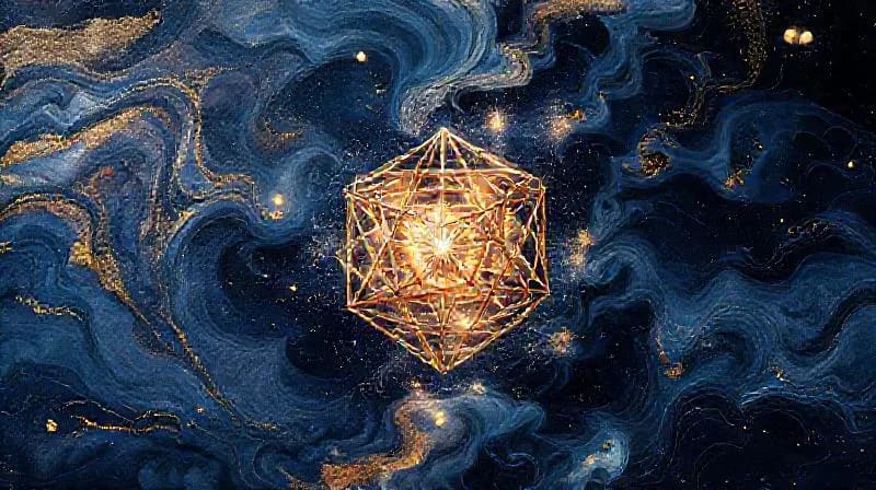 Conceptual 3D render of an Icosahedron emerging from swirling energy patterns