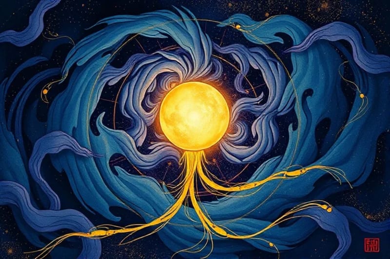 Representación abstracta de la energía del alma, con colores vibrantes y formas fluidas que simbolizan la transformación y el flujo kármico.