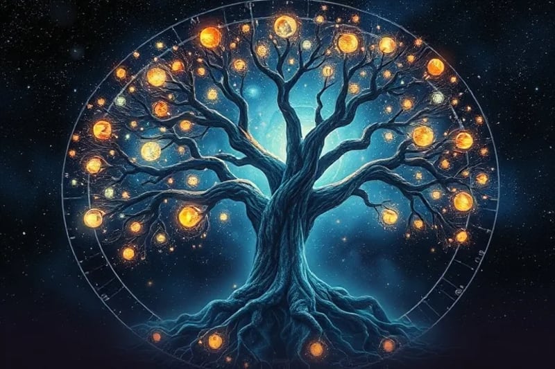 Una antigua y majestuosa representación de un árbol de la vida con raíces profundas y ramas que se extienden hacia un cosmos estrellado, simbolizando la conexión entre las vidas pasadas y futuras del alma.
