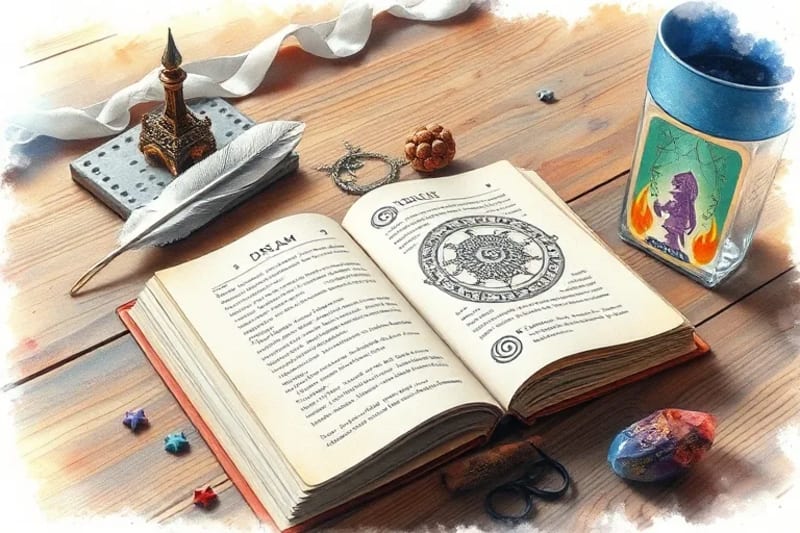 Diario de sueños abierto mostrando dibujos y notas, con una carta de Tarot simbólica colocada encima, sugiriendo la conexión entre el registro onírico y la interpretación esotérica.