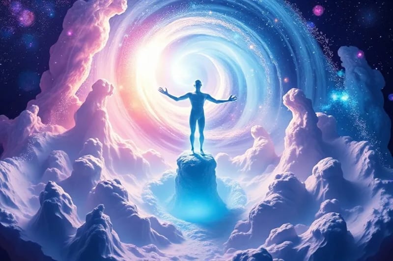 Representación abstracta de la conciencia expandida, con un ojo cósmico en el centro rodeado de patrones geométricos y destellos de luz, simbolizando la percepción más allá de lo físico.