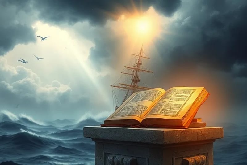 Barco en tormenta guiado por luz divina