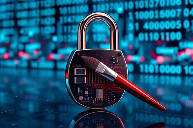 Candado metálico y pincel entrelazados con una placa de circuito, simbolizando la seguridad de la propiedad artística digital.