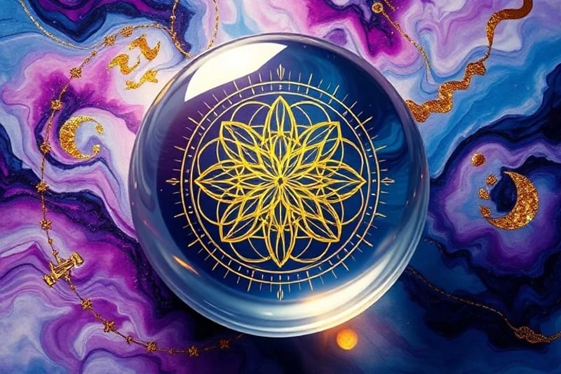 Intricate Flower of Life pattern glowing with golden light within a crystalline sphere