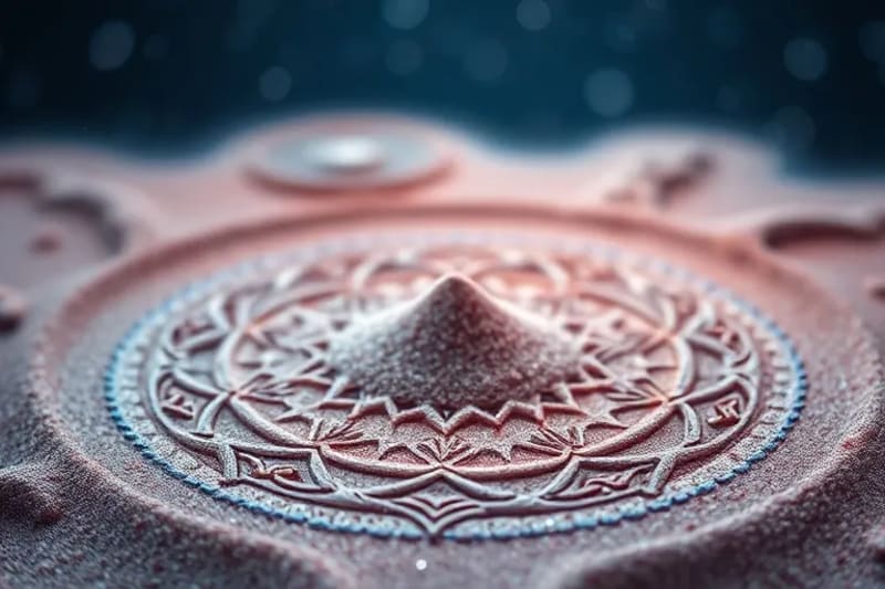 Cymatic pattern of sand particles forming intricate geometric designs from sound frequencies