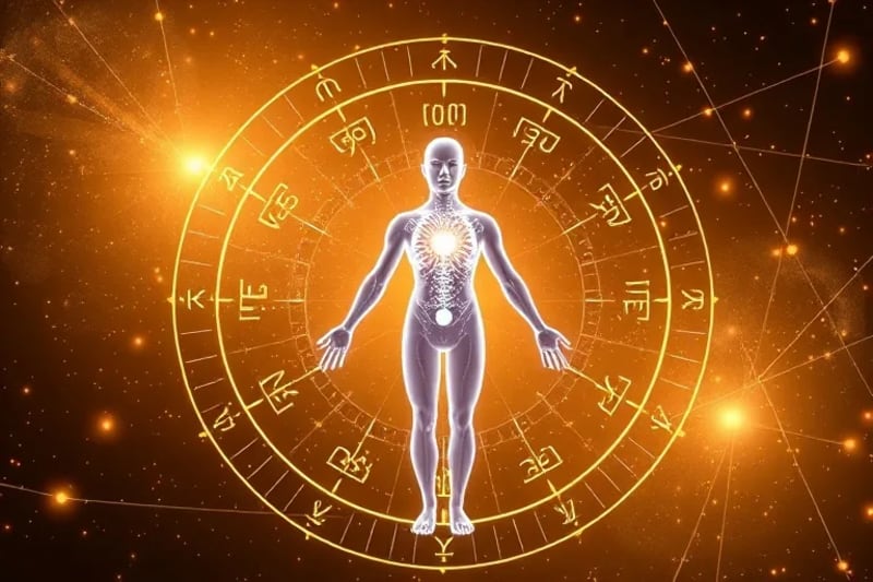Cuerpo energético humano con chakras resonando con vibraciones planetarias