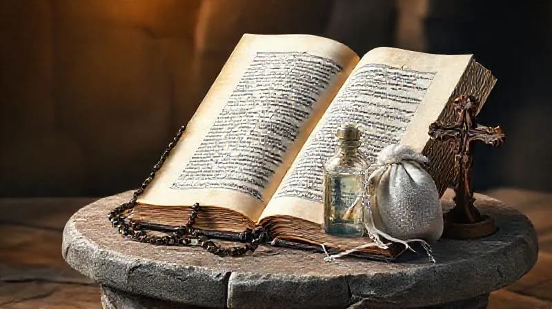 Colección de objetos religiosos en acuarela: rosario, crucifijo, agua bendita