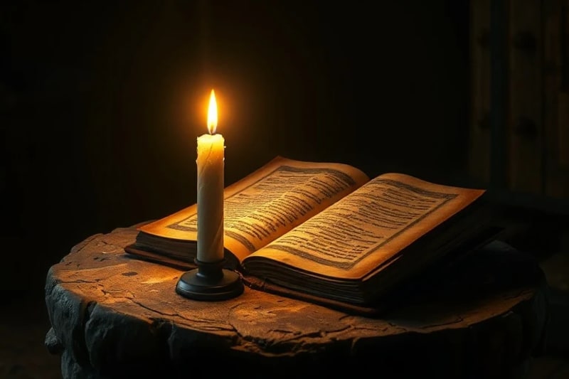 Arte digital etéreo de una vela iluminando textos antiguos, simbolizando silencio y protección espiritual.