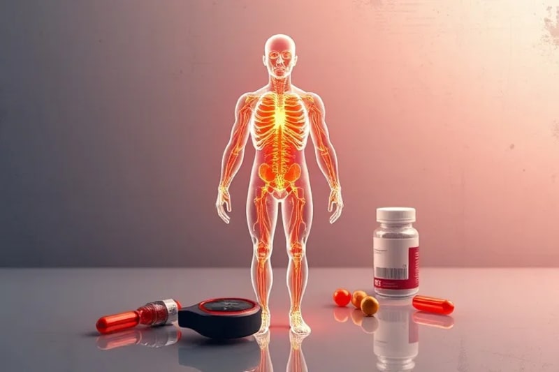 Modelo 3D del sistema endocrino masculino integrado con circuitos digitales y suplementos.