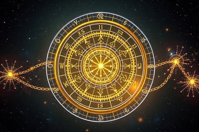 Una mano sostiene un cristal de cuarzo transparente que irradia luz hacia una representación abstracta de la luna en sus fases, con símbolos alquímicos flotando alrededor. La escena evoca un ritual de sanación y transmutación energética.