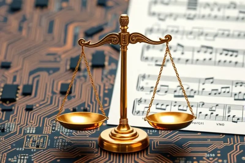 Balanza legal con notas musicales y código de programación