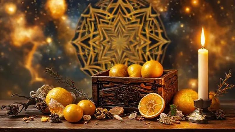 Una composición artística de elementos rituales para la abundancia, incluyendo cristales, hierbas, velas y frutos dorados, dispuestos en un espacio sagrado.