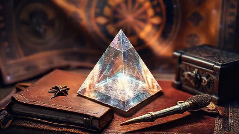 Crystal pyramid, journal, and quill pen on a patterned tapestry