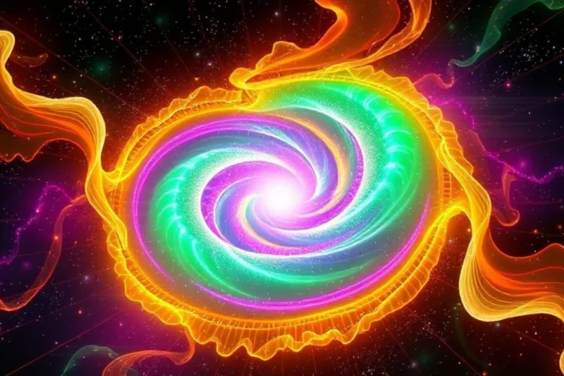 Abstract representation of dynamic, swirling vibrational frequencies and energy streams