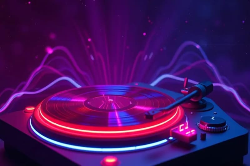 An abstract concept of digital soundscapes and creative fusion, representing the innovative spirit in music production.
