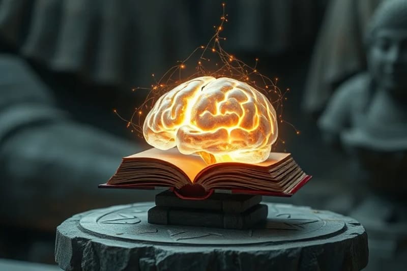 Modelo de cerebro cristalino con hilos de luz espiritual