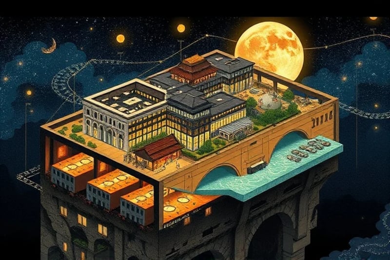 Diagrama de ciudad con flujos energéticos y sistemas sostenibles