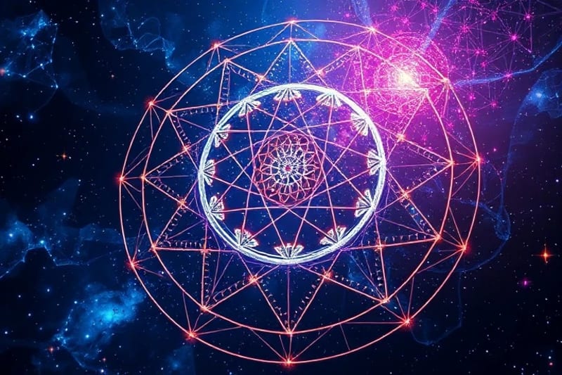 Abstract digital art showing glowing neural networks intertwined with quantum particles, symbolizing the mind-matter connection