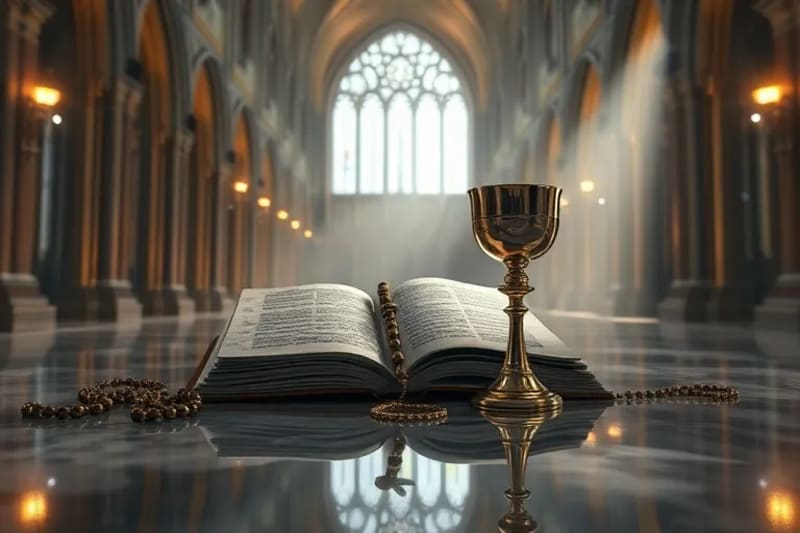 Objetos religiosos antiguos que irradian luz y están conectados por líneas de entrelazamiento cuántico, simbolizando la unión de fe y ciencia.