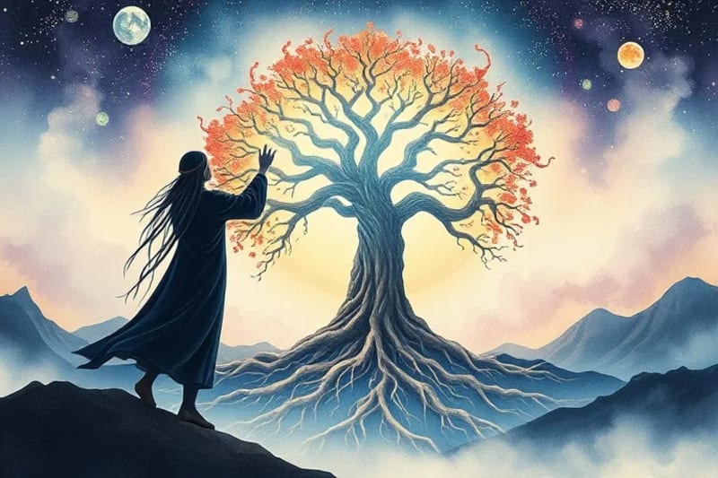 Watercolor painting of a person's silhouette reaching towards a cosmic tree of life, symbolizing spiritual growth and universal connection