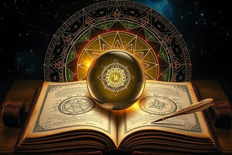 Still-life of an antique astrological book with illuminated symbolic images and divination tools
