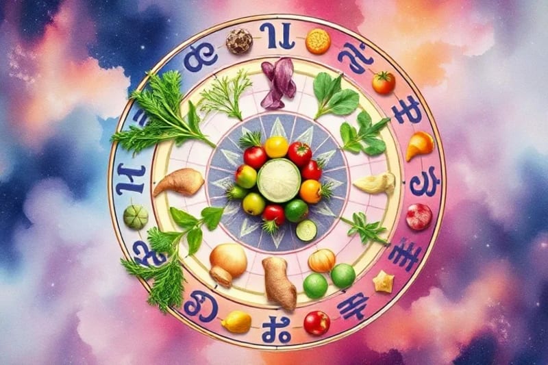 Ingredientes frescos de colores vibrantes dispuestos en un patrón de rueda zodiacal, con sutiles brillos energéticos.