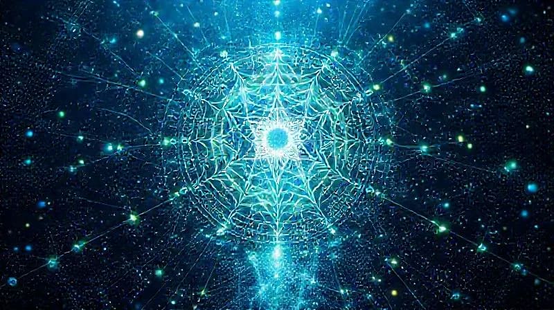 Abstract 3D render of interconnected geometric shapes and glowing lines, with a radiant symbol at the center, symbolizing insight and precision