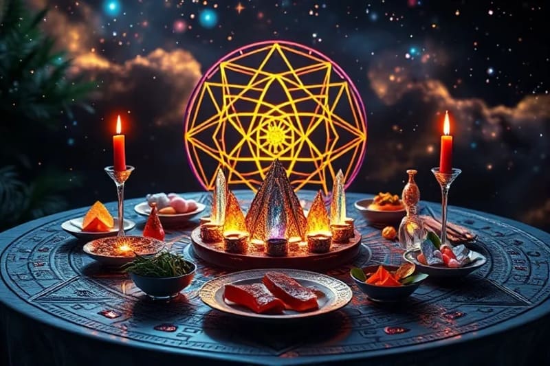 Mesa de comedor futurista con platos que contienen cristales brillantes y símbolos planetarios, con un fondo cósmico.