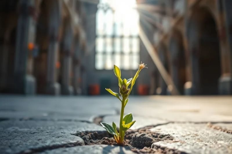 Planta resistente brotando de una grieta en el concreto, estilo acuarela