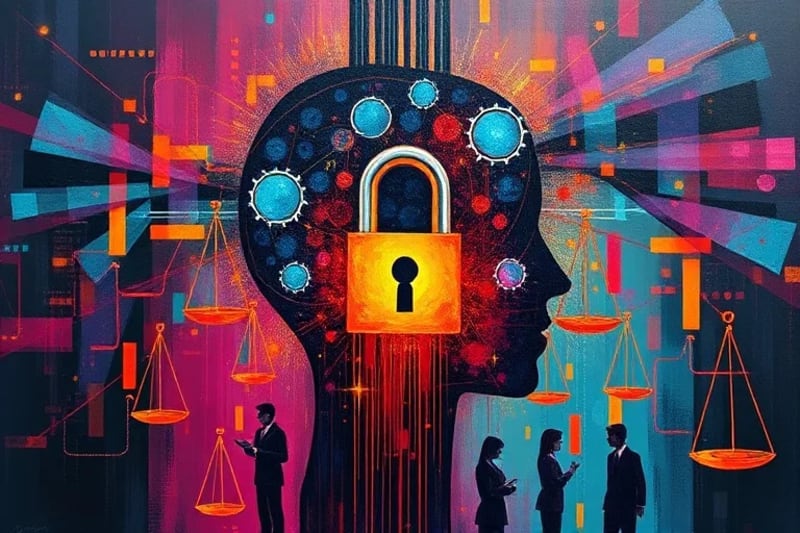 Silueta de cabeza humana con candado digital y símbolos de datos éticos