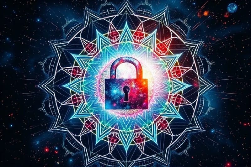 Digital lock surrounded by abstract dream imagery, representing data privacy challenges in AI dream analysis.