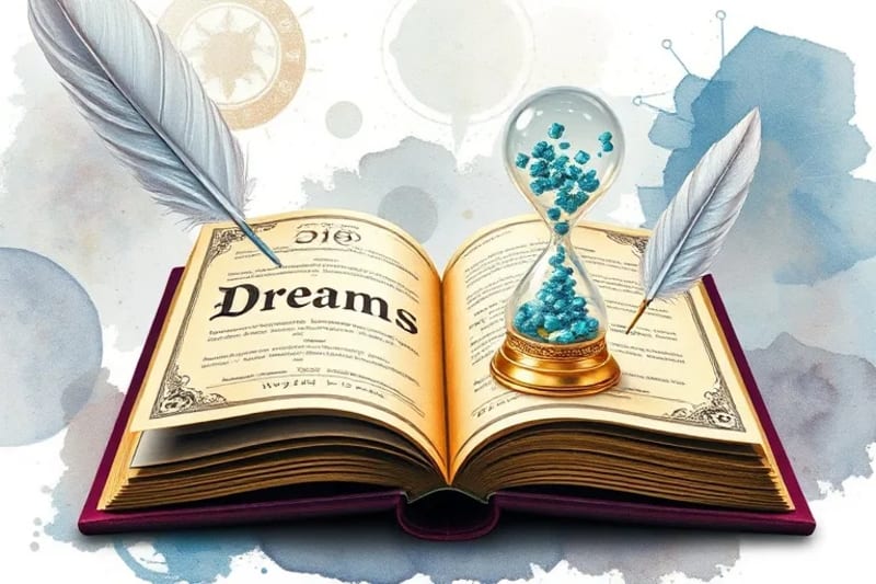 Conceptual still-life of an old book with algorithms, an AI chip, and symbolic objects, representing the blend of ancient and modern dream analysis.