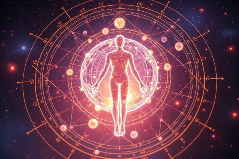 Campo de energía sutil que rodea una figura humana, con esferas celestes que influyen en sus colores y patrones.