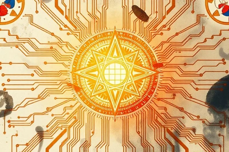 Fusión de símbolos espirituales antiguos con elementos de circuitos digitales, representando la convergencia de lo místico y lo tecnológico.