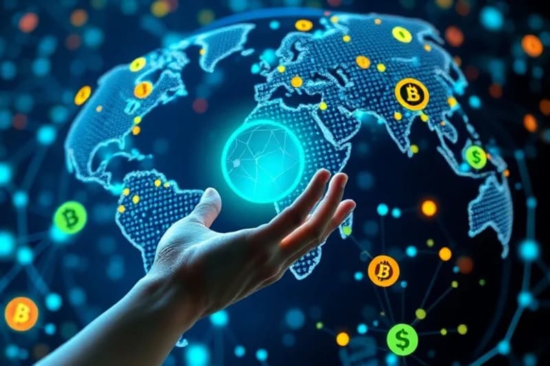 Digital ledger with flowing currencies, representing accessible financial growth and empowerment through blockchain technology.
