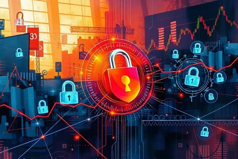 Abstract digital representation of financial risk, with jagged lines and security symbols, highlighting the challenges in decentralized finance.