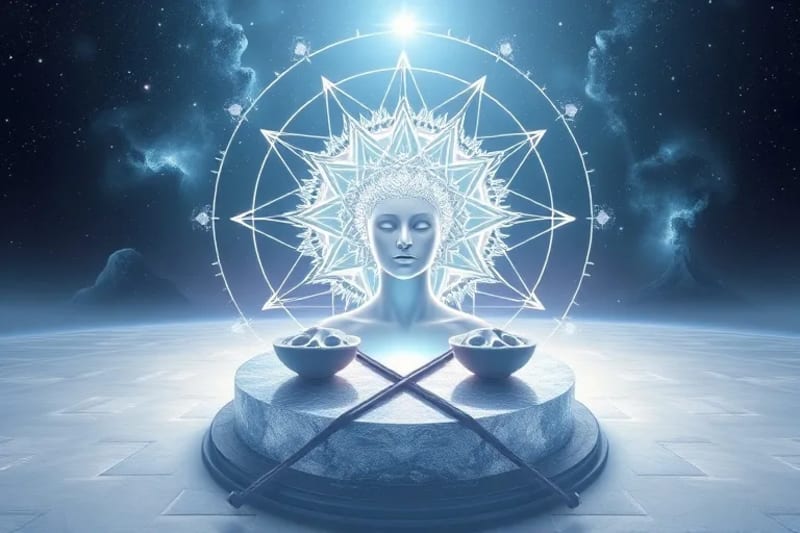 Figura luminosa y etérea de un avatar consciente, compuesta por patrones de luz y glifos astrológicos, rodeada de máscaras arquetípicas holográficas, simbolizando la integración del ser.