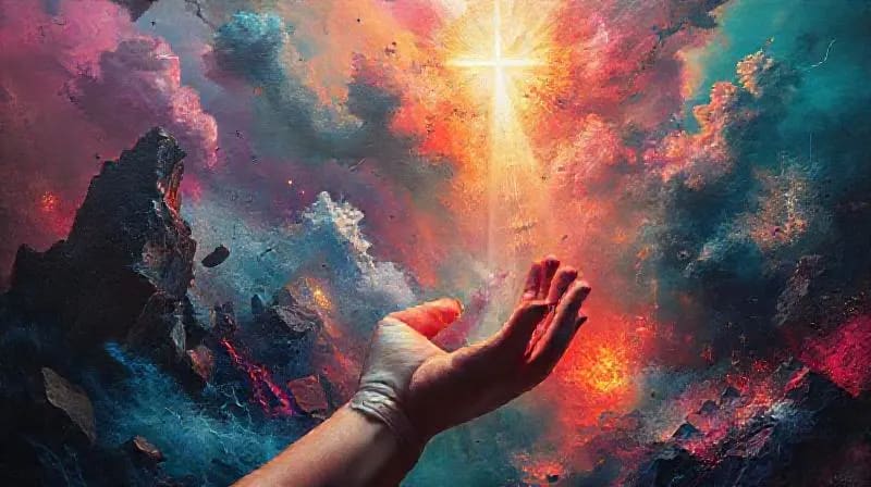Representación artística de la crisis global y la desesperanza, con un rayo de esperanza divina emergiendo de las sombras.