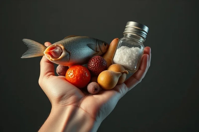 Conceptual digital painting of various food items subtly infused with microscopic plastic fragments