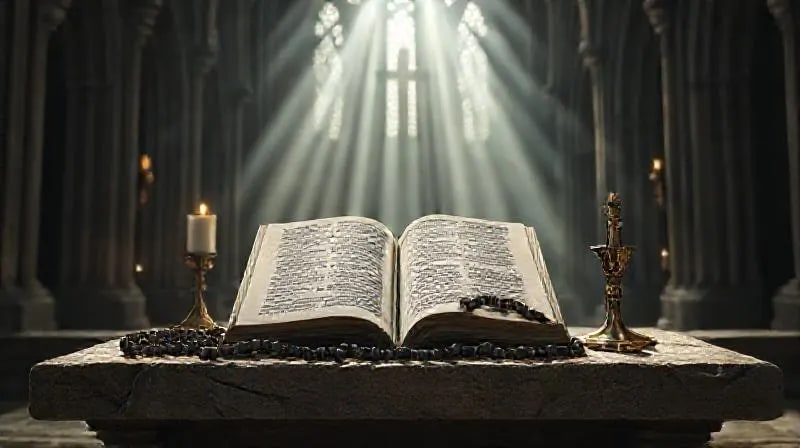 Representación conceptual de prácticas espirituales como el rosario, la lectura sagrada y los sacramentos, en un entorno de profunda devoción.