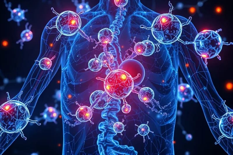 Abstract 3D render showing geometric microplastic shapes interacting with human cellular structures