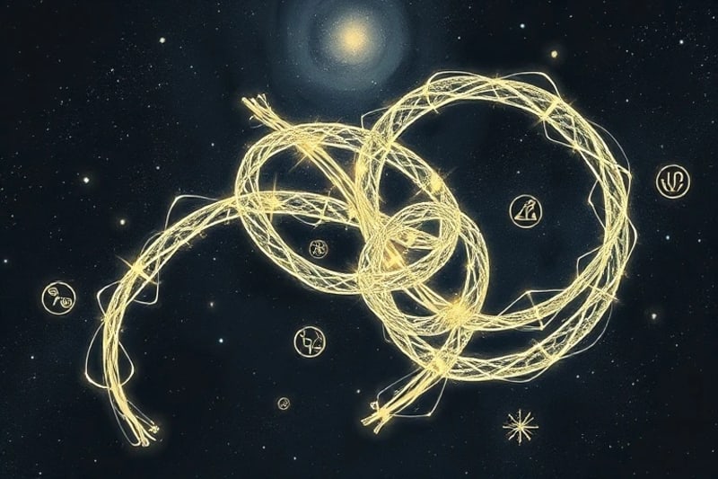 Two intertwined ethereal ribbons with astrological glyphs, symbolizing soul contracts and karmic connections