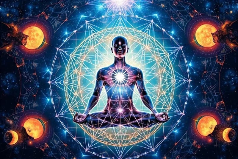 Representación de una figura humana meditando, con energías cósmicas fluyendo a través de ella, simbolizando la conexión con el universo y la evolución del alma.