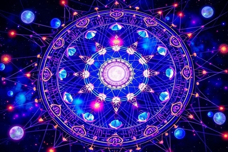 Representación abstracta de hilos cósmicos interconectados con orbes brillantes, simbolizando el karma, la reencarnación y la interconexión de las almas a través del tiempo.