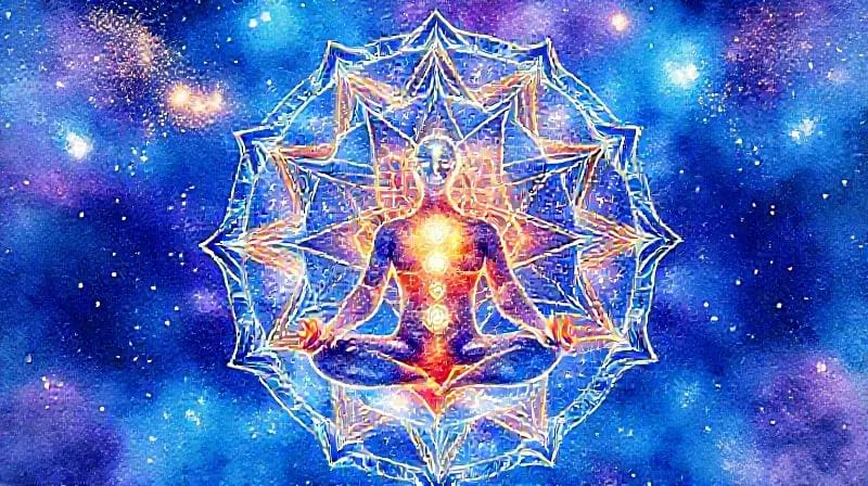 Figura humana en meditación, con chakras iluminados y frecuencias de Solfeggio fluyendo, simbolizando la armonía interior.