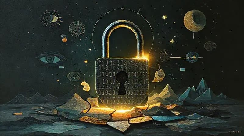 Padlock made of binary code with fragmented dream symbols