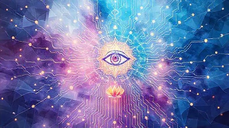 Representación abstracta de la conciencia y las redes digitales, simbolizando la interacción entre la mente y la tecnología.
