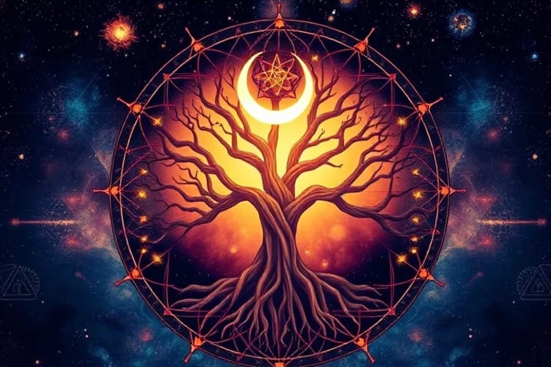 Representación estilizada de un árbol genealógico con raíces profundas y ramas que alcanzan una luna creciente, simbolizando memorias ancestrales y limpieza kármica.