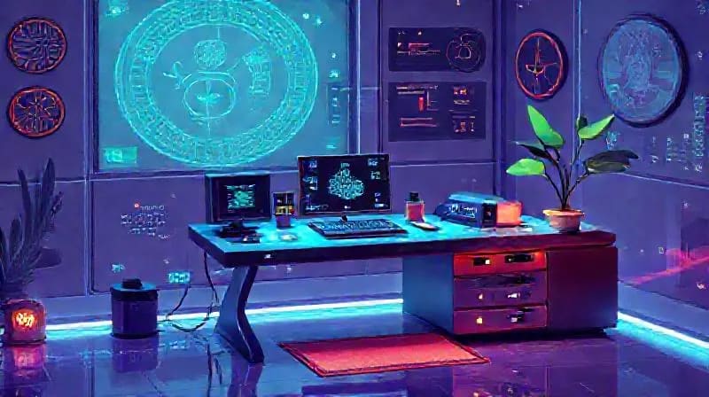 Representación 3D de un escritorio futurista con una interfaz holográfica impecablemente organizada, mostrando elementos de productividad y creatividad digital en un diseño minimalista y armonioso.